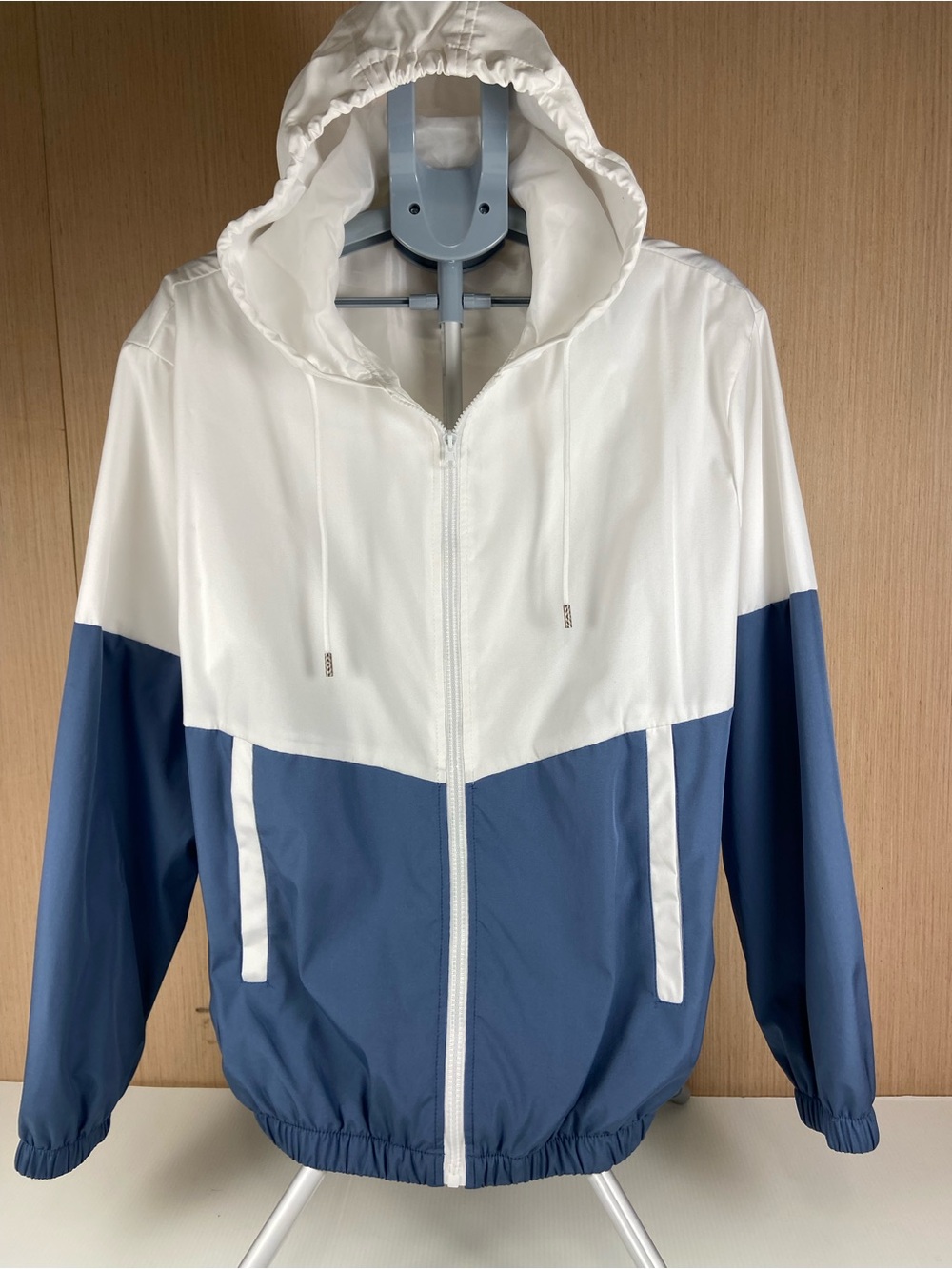 Blue White Colorblock Hooded Windbreaker Jacket XL Y2K